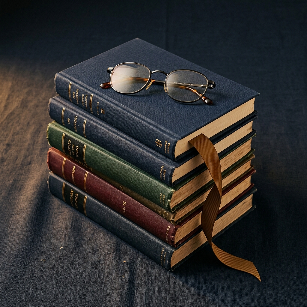 Pilha de livros de autoria jurídica com fita marcadora de página e óculos de leitura sobre superfície escura